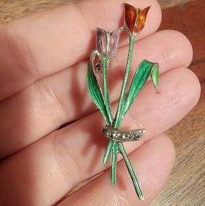 Art Deco Enamel and Marcasite Tulip Brooch 835 Silver Floral 2 inch